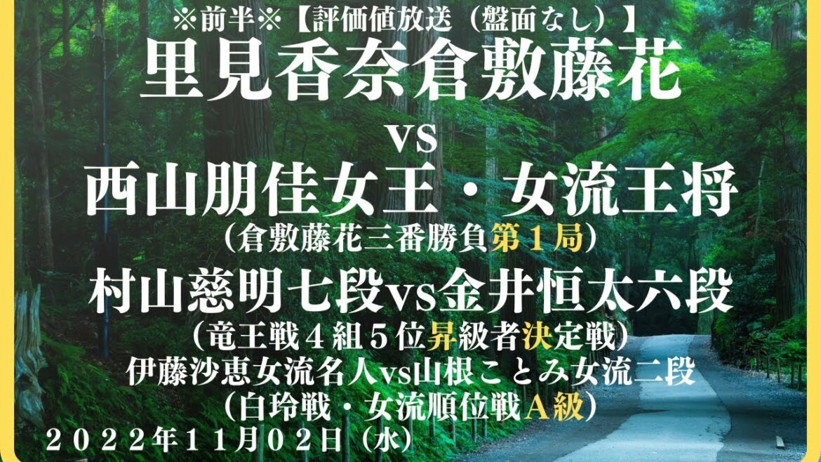 ※前半※【評価値放送(盤面なし)】🌟里見香奈倉敷藤花vs西山朋佳女王・女流王将(倉敷藤花・三番勝負第1局)🌟村山慈明七段vs金井恒太六段(竜王戦4組5位昇決)【将棋/Shogi】