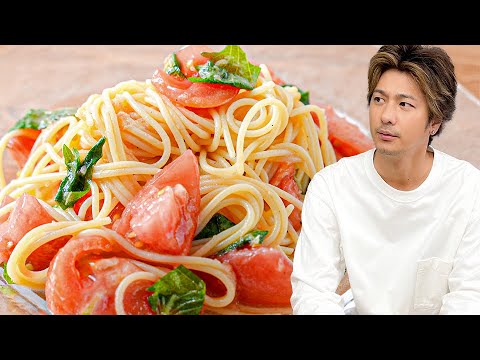 【夏バテ解消】キンキンに冷えたトマトと大葉の冷製パスタ!白だしと生姜が決め手なんです!