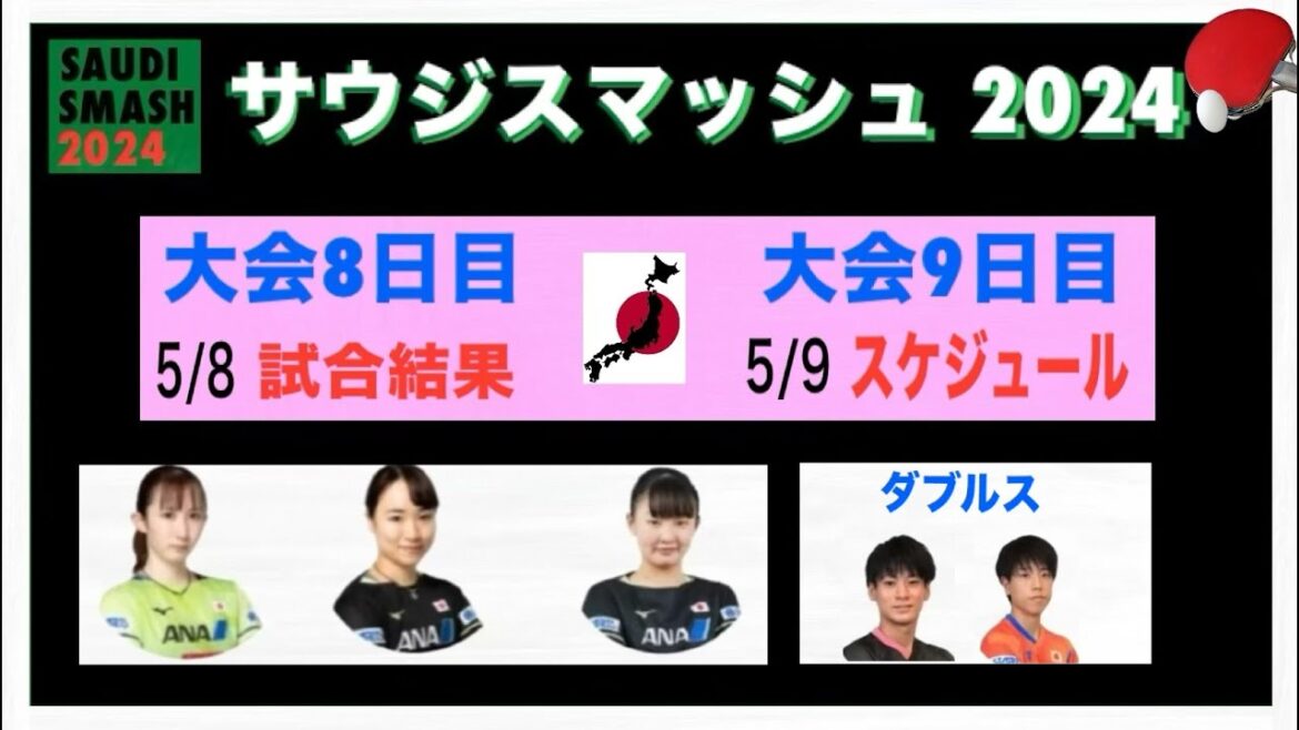 大会8日目 結果 &9日目スケジュール! 戸上・篠塚ペア、早田ひな、伊藤美誠、張本美和の順番で登場!サウジスマッシュ2024