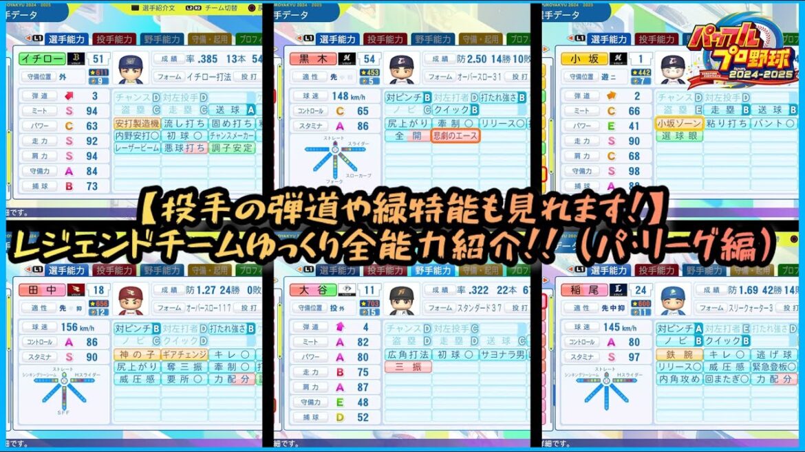 【パワプロ2024】パ・リーグレジェンドチーム全選手能力をゆっくり紹介!!(ピッチャーの野手能力や緑特能も観れます)