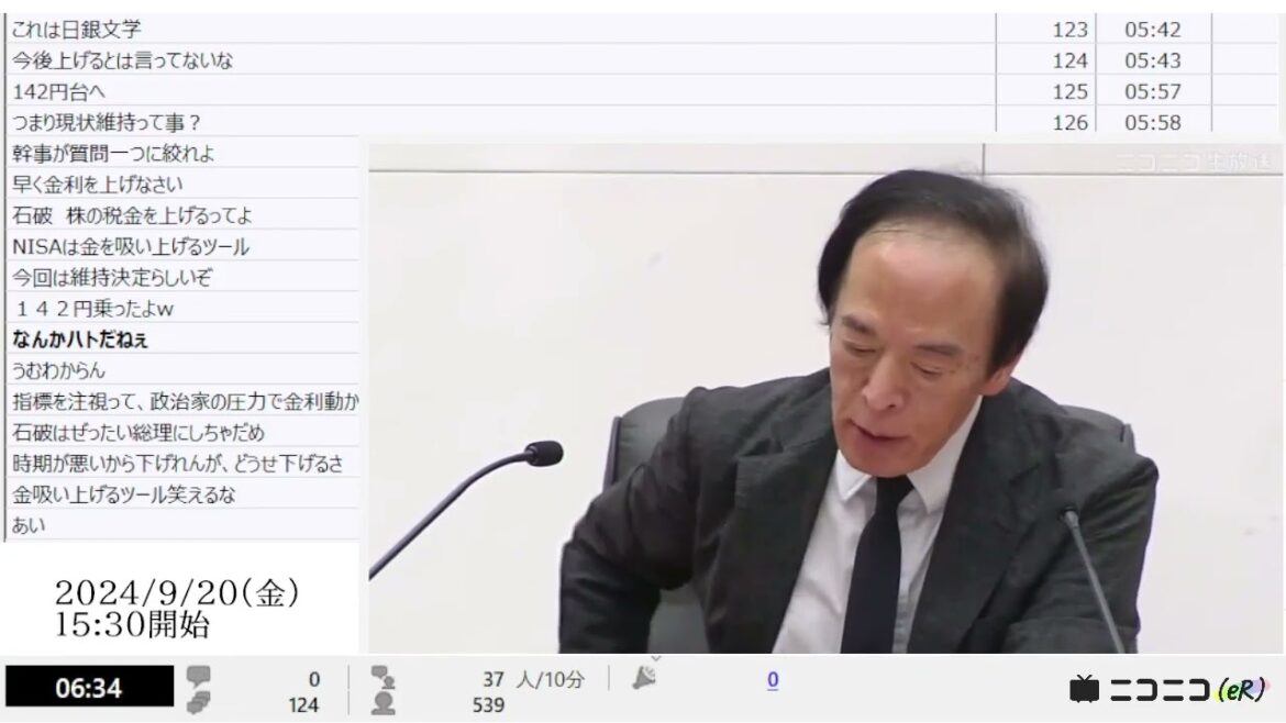 【ニコニコニュース】植田和男 日銀総裁会見 生中継 金融政策決定会合後(2024年9月20日)【2024/9/20】