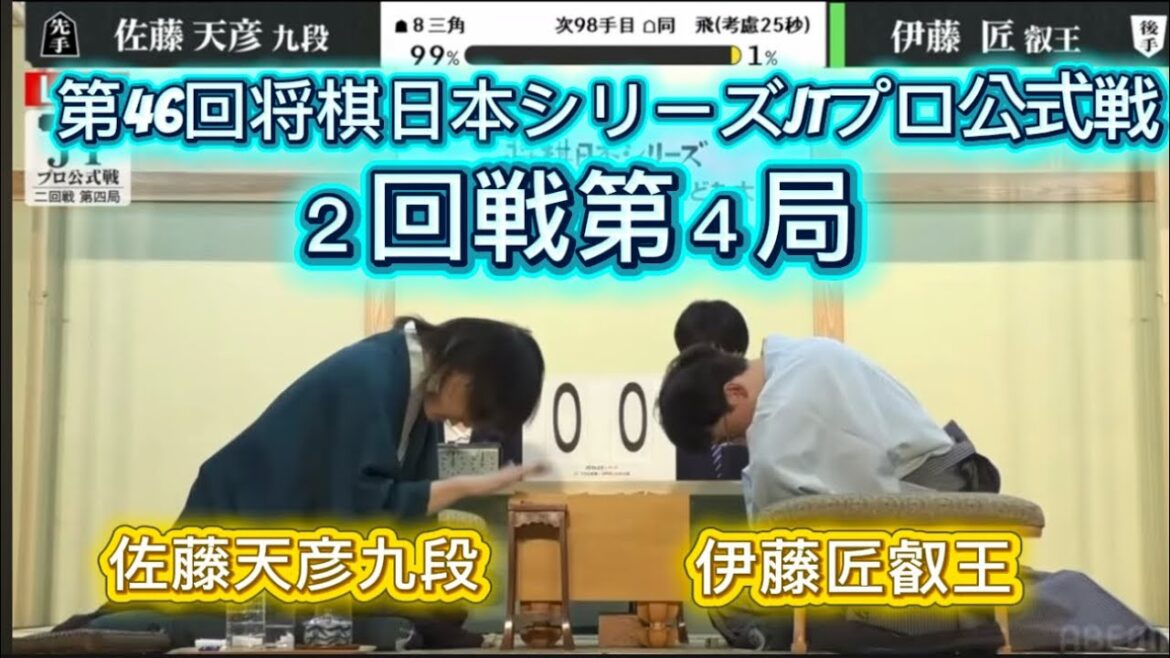 伊藤匠叡王 vs 佐藤天彦九段、第46回将棋日本シリーズJTプロ公式戦。