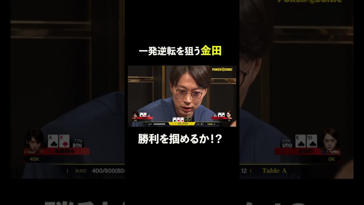 開始からわずか12ハンドでオールイン!! #金田哲 #本郷奏多 #PokerSonic #ポカソニ #ポーカー #ABEMA #shorts
