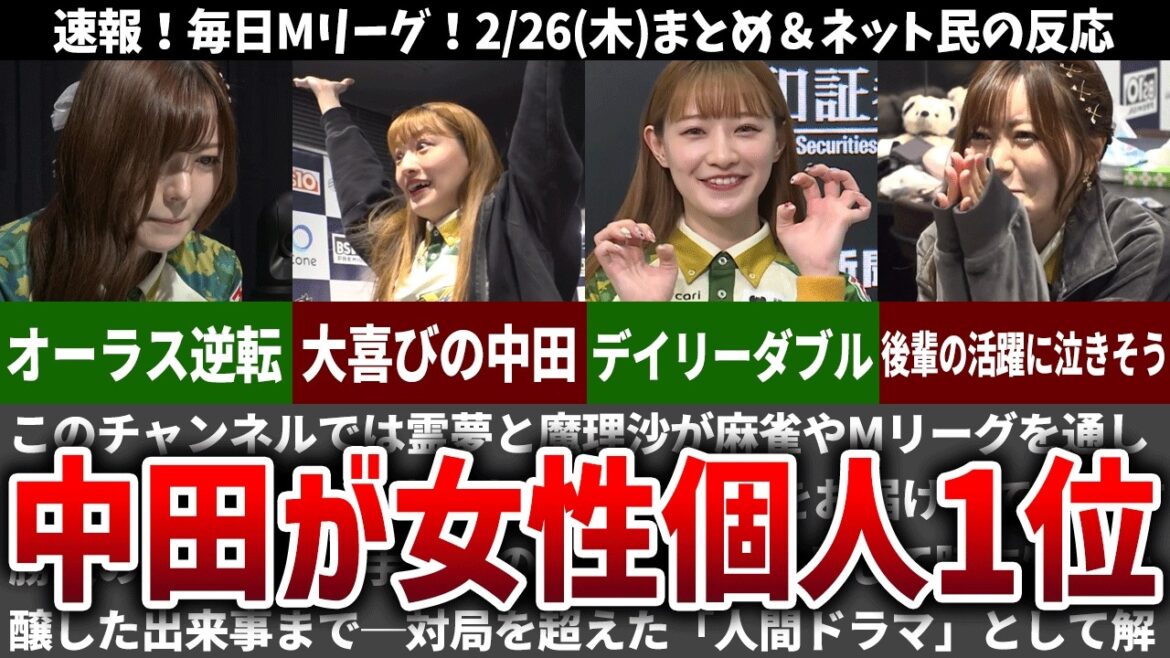【毎日Mリーグ】中田花奈が女流個人1位へ浮上!2/26(木)試合のネット民の反応【速報】【ゆっくり解説】