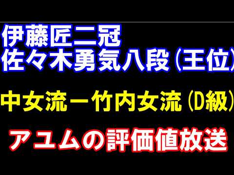 伊藤匠二冠ー佐々木勇気八段(王位リーグ)、中七海女流ー竹内優月女流(女流D級)など アユムの評価値放送
